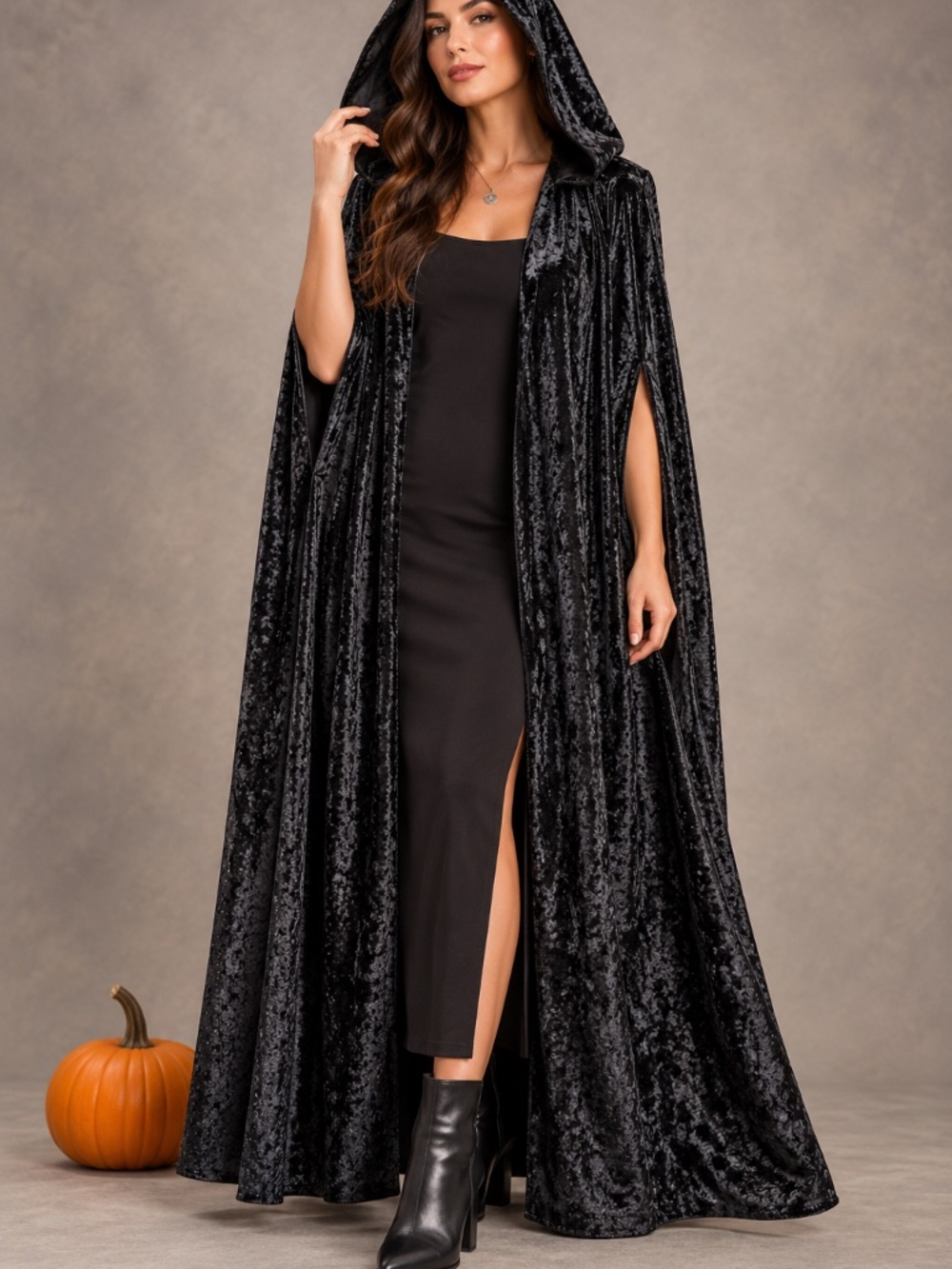 Black Velvet Hooded Cape with Arm Holes – One Size – Halloween